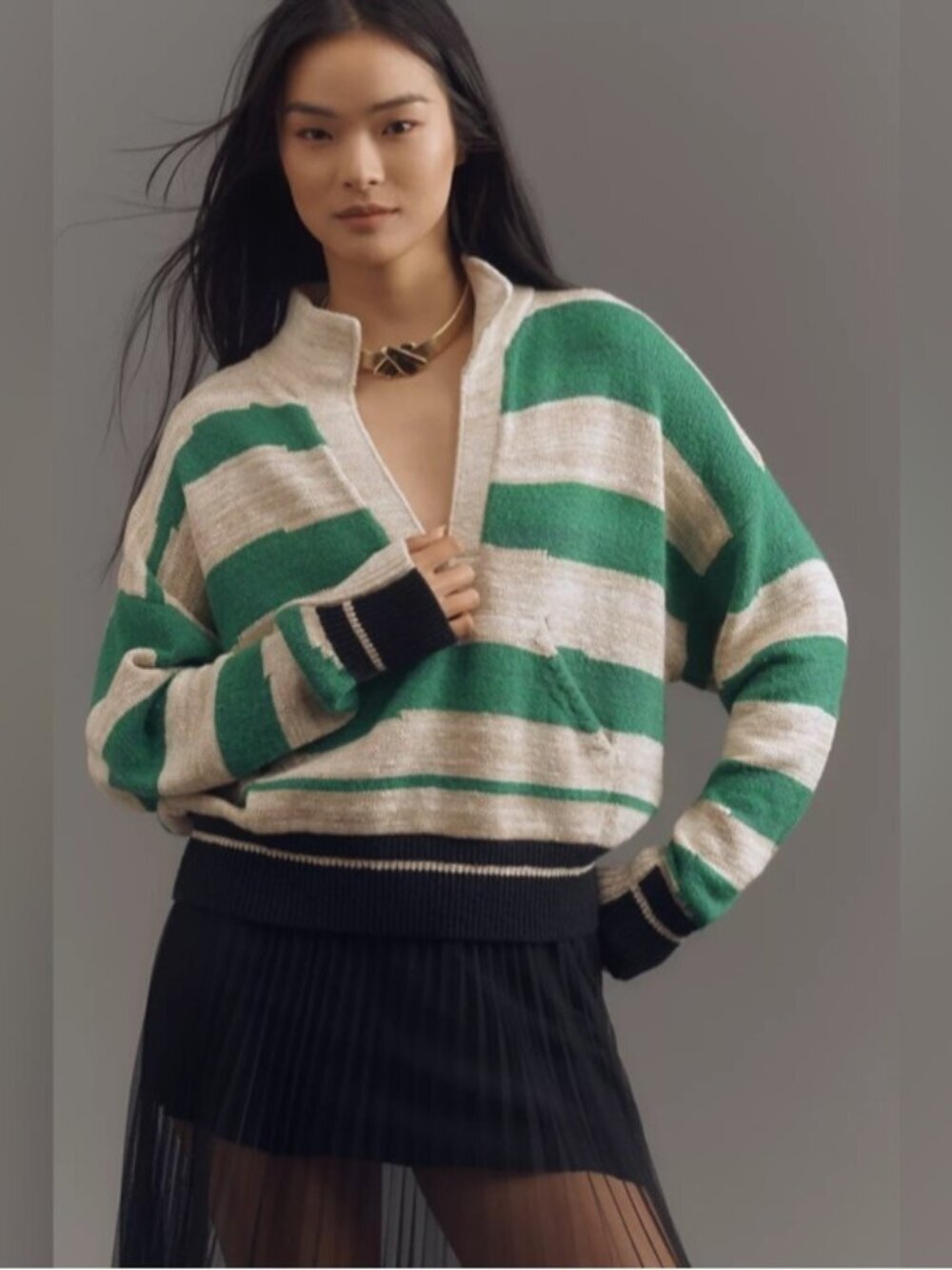 NWT SIze XS - Anthro Plunging V-Neck Rugby Stripe Collared Sweater (NWT US$ 168)